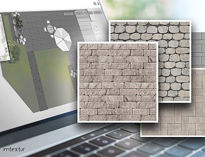 Quadrate mit verschiedenen Texturen, im Hintergrund ein Laptop mit einem Gartenplan.