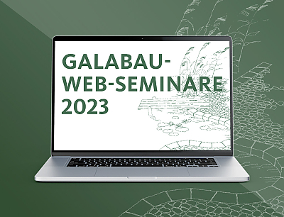 Grafik von einem Laptop. Darauf steht "GALABAU-WEB-SEMINARE 2023"