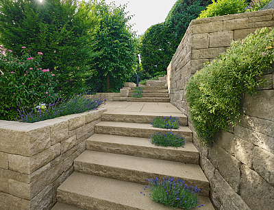 SANTURO Vegetationsstufen kombiniert mit SANTURO Landhausmauer Nr. 42 Jurabraun