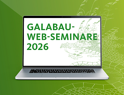 Ein Laptop, der den Titel "GaLaBau - Web-Seminare 2026" zeigt.