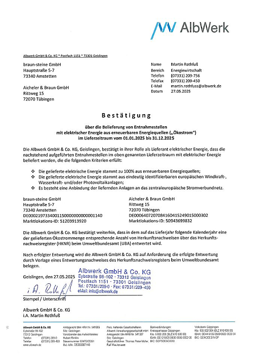 Bestätigungsschreiben über die Belieferung von Ökostrom.