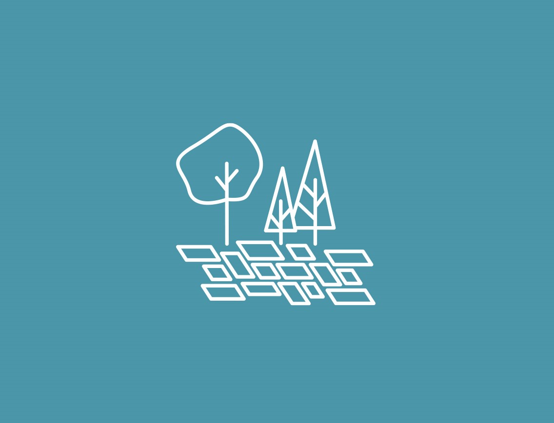 Teaserbild Gartenausstellungen mit einem Icon von einer Pflasterfläche mit Bäumen dahinter